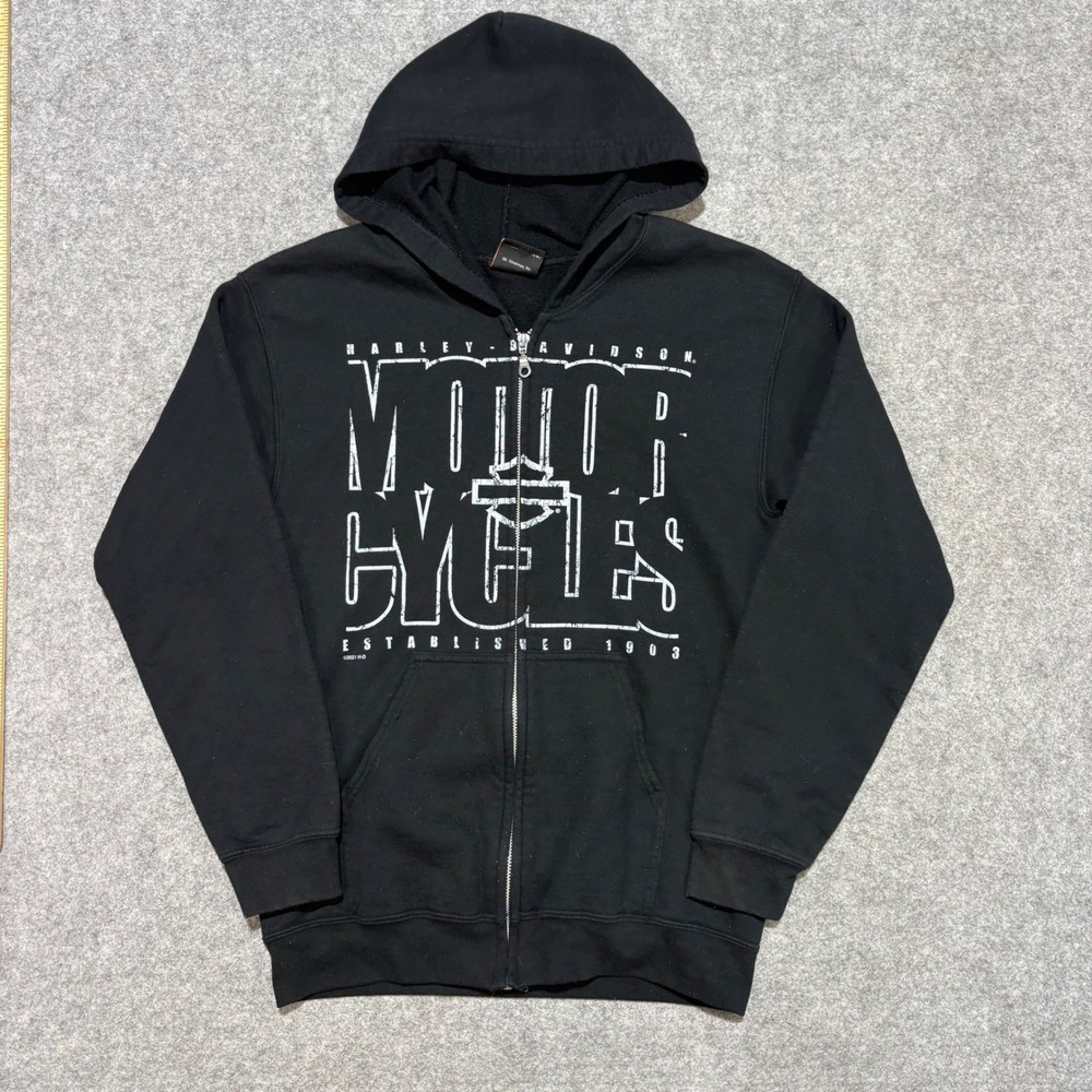 Harley Davidson Shoreline Long Branch NJ Zip Up Hoodie Black Graphic Sweatshirt